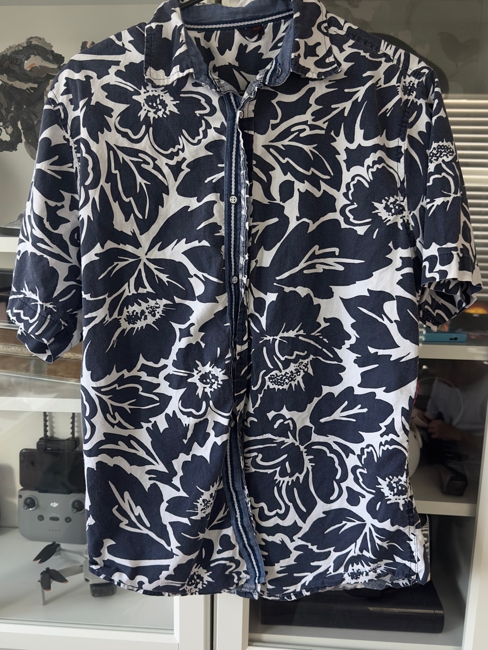 Men's Navy and White Floral Short-Sleeve Dress Shirt